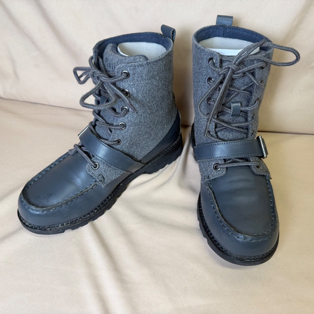 Polo Ralph Lauren Ranger Boots Boys 5.5 Leather Wool Navy Grey Moc Toe Laced